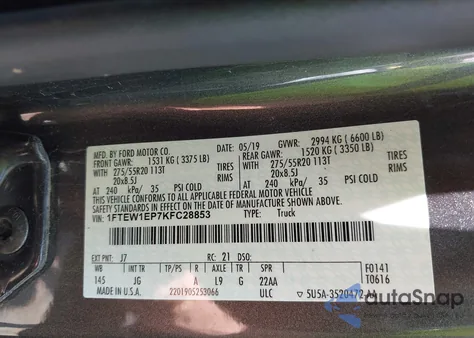 2019 Ford F-150 Xl из США, поврежденный, VIN 1FTEW1EP7KFC28853